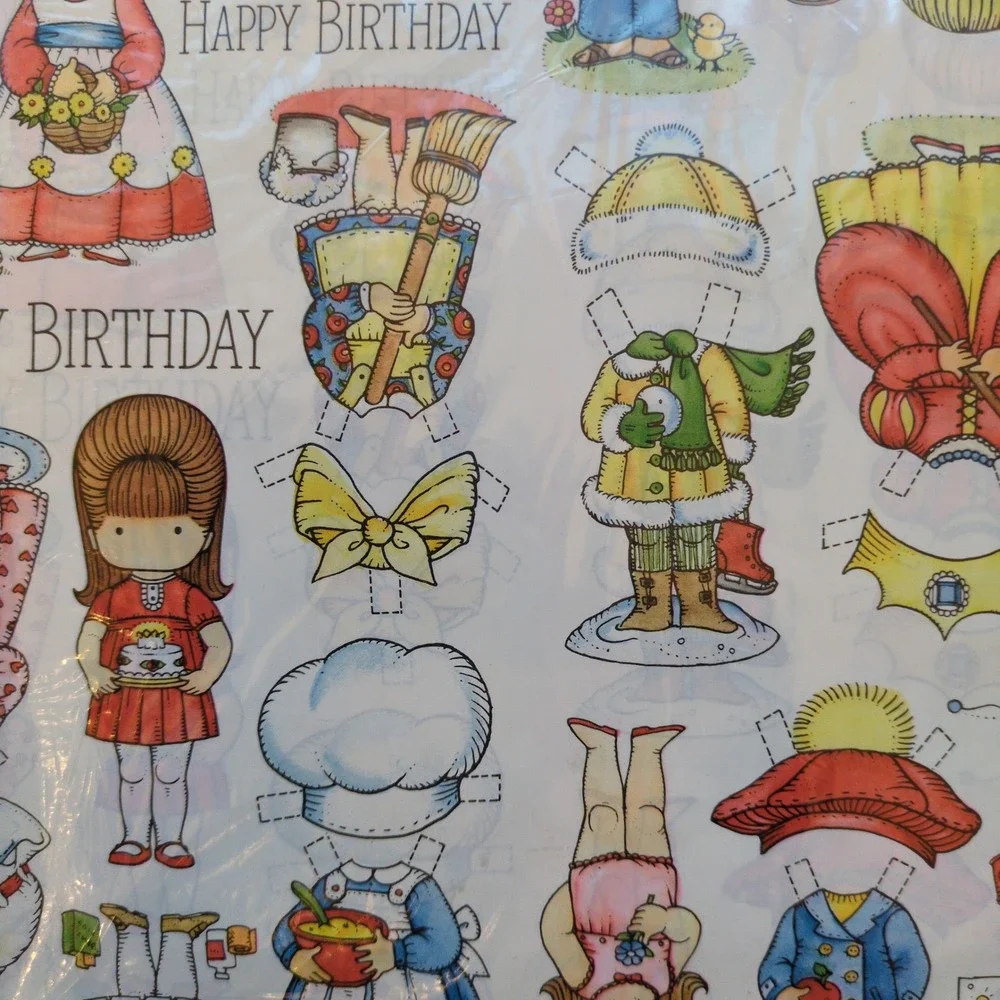 Vintage 70s Hallmark Joan Walsh Anglund Paper Dolls Birthday Wrapping Paper Pink